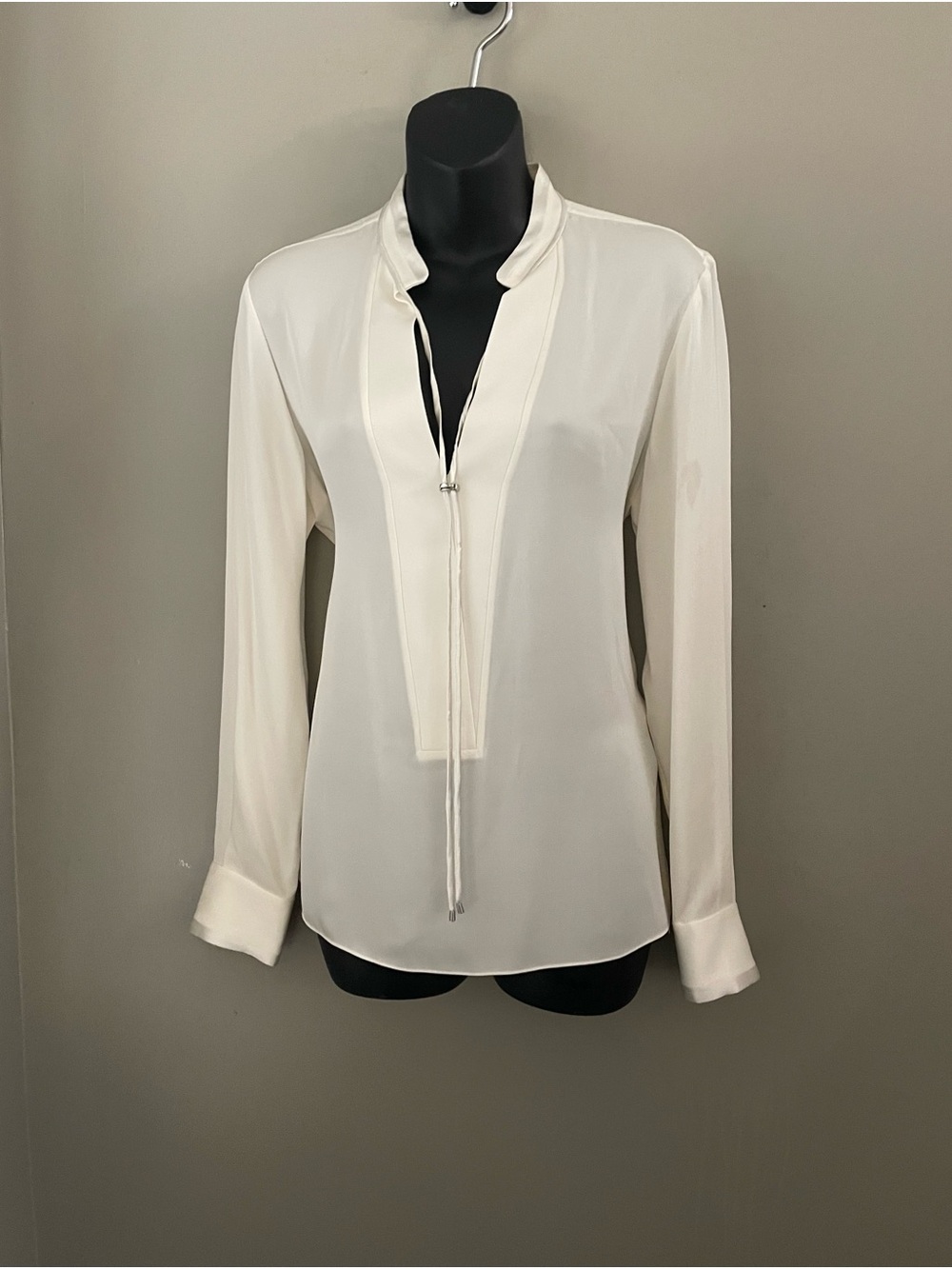Halston Heritage Eggshell Silk V-Neck Cord Tie Blouse Silvertone Slider